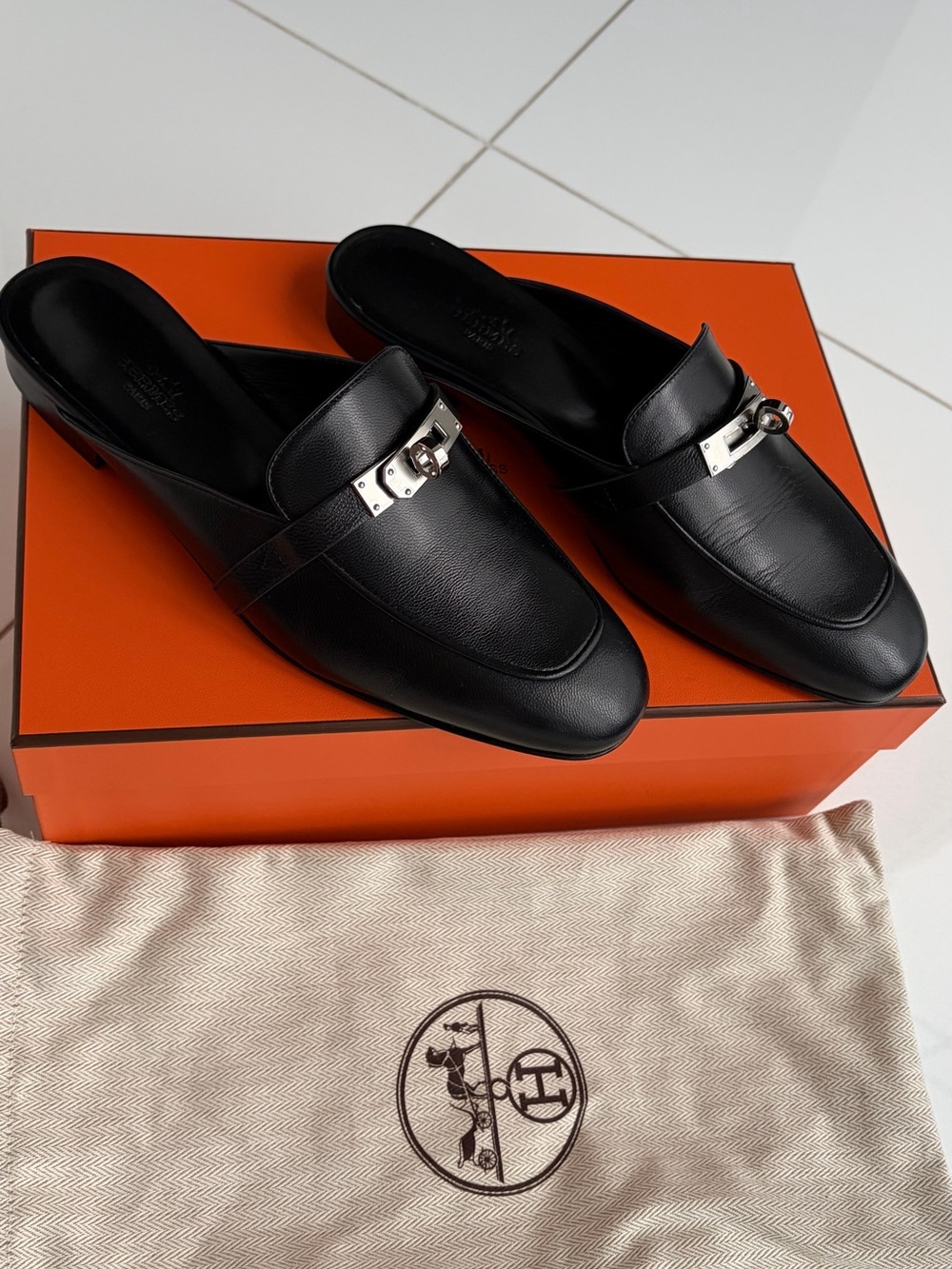 Hermes Black Leather Mule Loafers with Silver Hardware